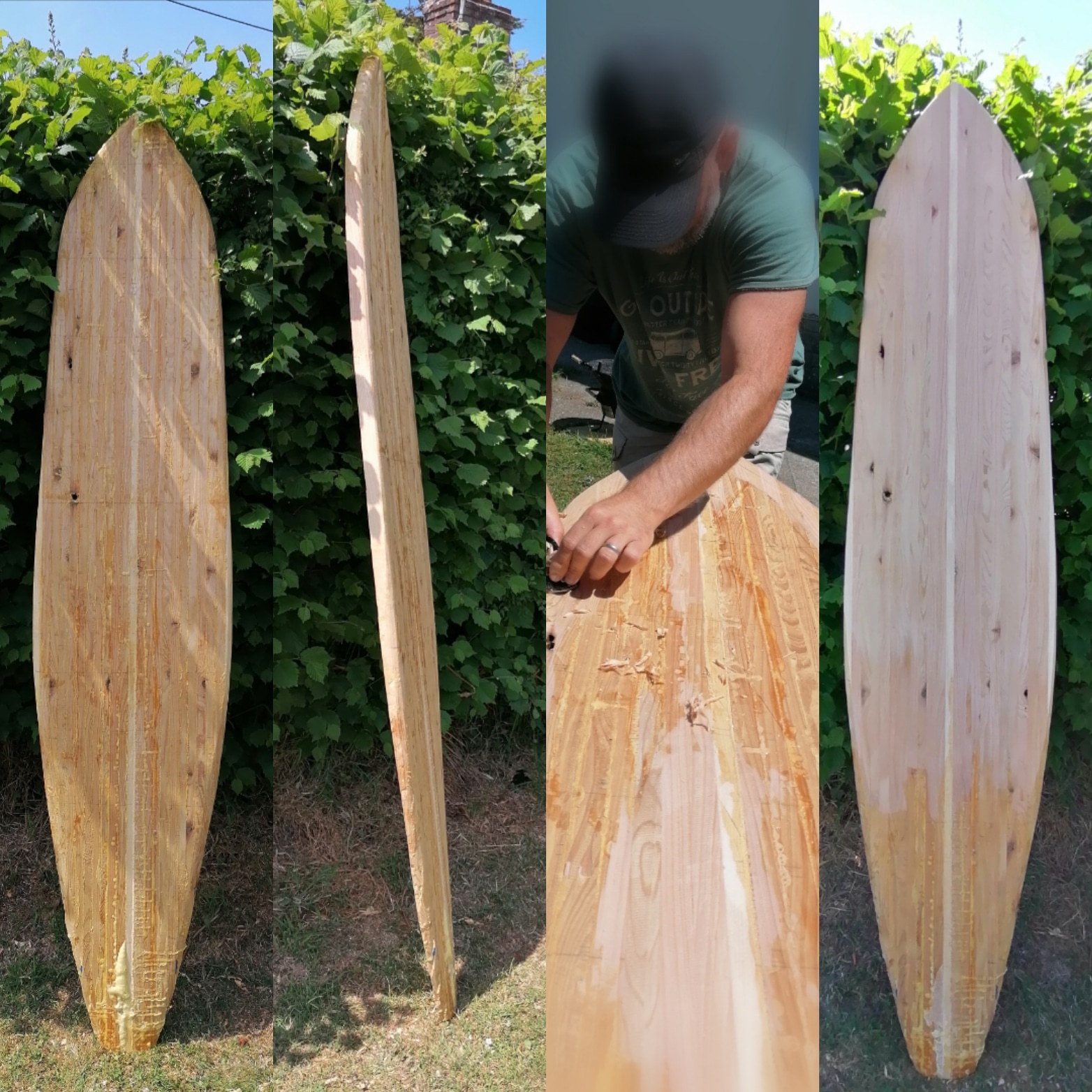 English ash and red cedar, eight foot chambered surfboard with FCS single fin box.