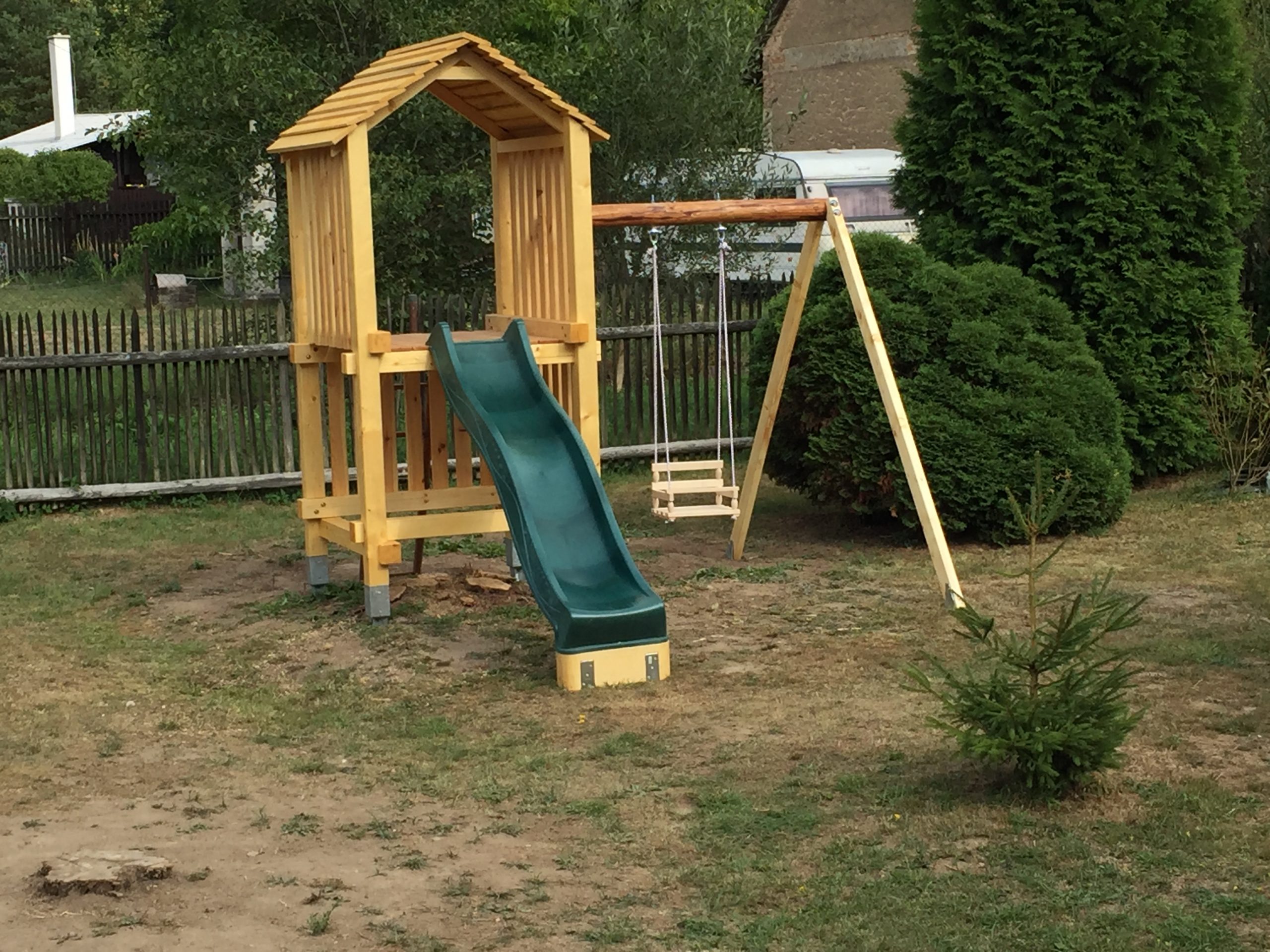 Slide, and swing house